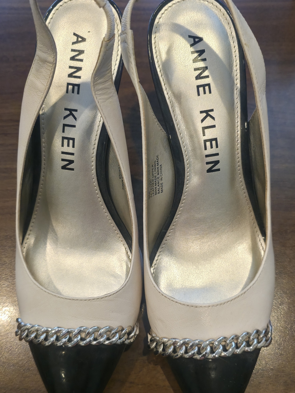 Anne Klein Beige and Black Chain-Trim Slingback Pumps